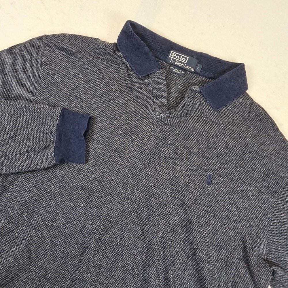 Vtg Polo Ralph Lauren Mens Large Pima Cotton Long Sleeve V-Neck Polo Shirt Blue